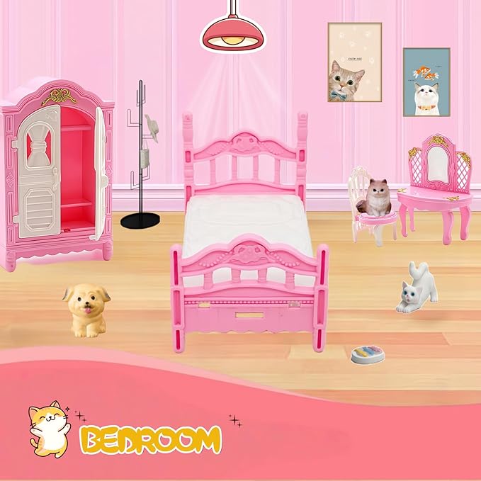 Dollhouse Furniture Set, Complete Room Collection with Kitchen, Dining, Living Room, Bedroom and Bathroom Accessories, Plastic (36-Piece Pink)