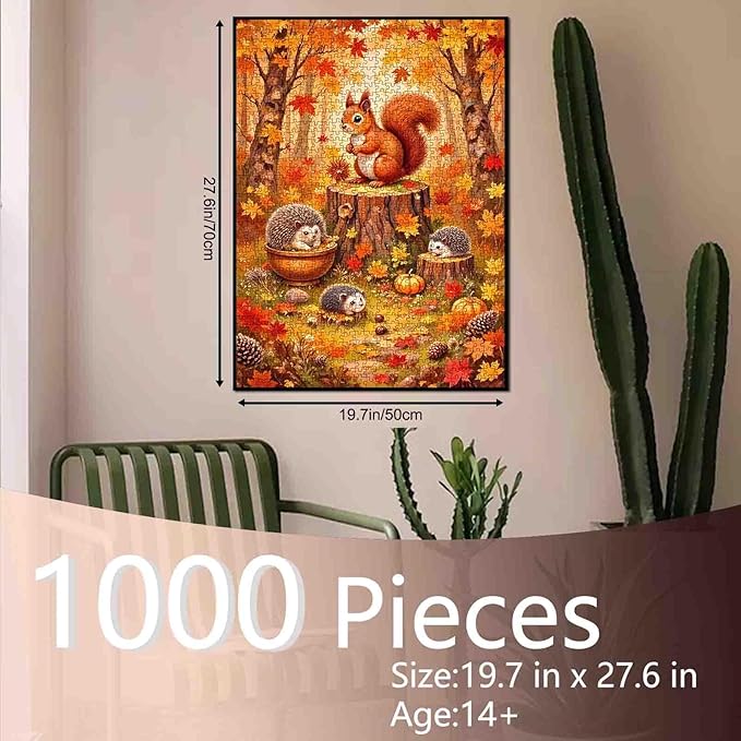 Autumn Fallen Leaves Jigsaw Puzzles 1000 Pieces Squirrels Hedgehog Animals for Adults Thanksgiving Puzzles Gifts for Friends and Family Stress Relief Toys Wall Art Decor Gift 19.7 x 27.6 in