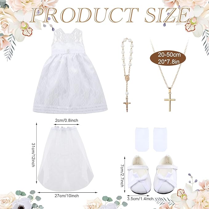 RoundFunny 7 Pcs 18 Inches American Doll Clothes Outfit First Communion Dress with Matching Headband Veil Bracelet Shoes Socks Necklaces Fit 18 Inches Dolls, Doll Not Included (Veil)