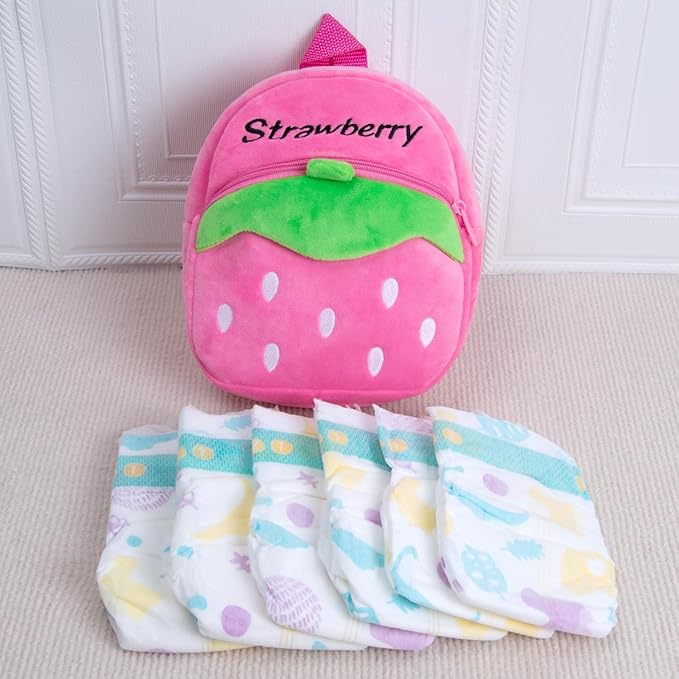 7Pcs Reborn Baby Doll Accessories Diaper Bag for 17-22 inch Reborn Dolls Caring Set with Strawberry Backpack Newborn Doll Gift
