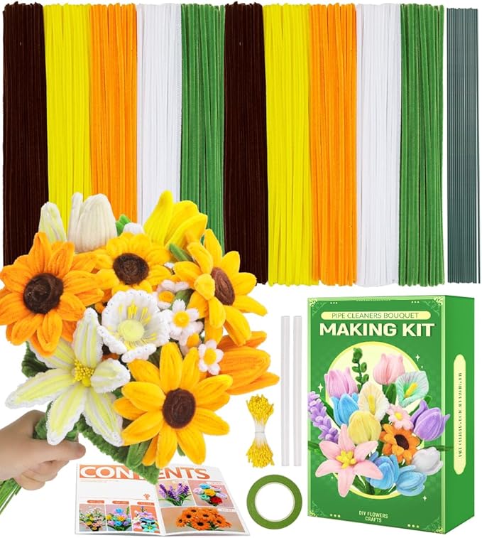 Praisebank Yellow Pipe Cleaners for Crafts (400pcs with Instruction), Flower Making Kit, Chenille Stems for DIY Projecets, Arts & Crafts Supplies for Festival Party Decorations