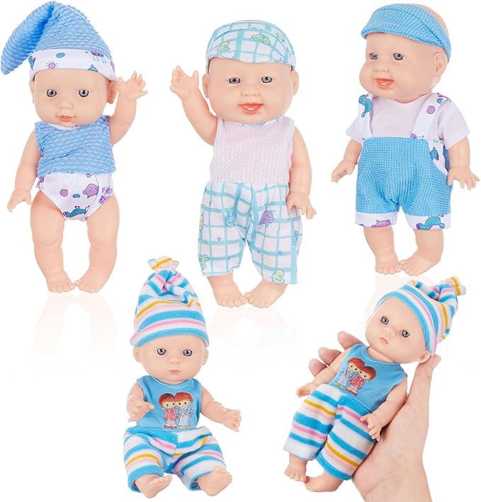 Halloscume 7 Inch Mini Baby Mini Reborn Doll Vinyl Full Body Lifelike Dolls Baby with Weighted Cloth Reborn Gift Set for Kids, Gifts for Christmas Kids(4 Pcs,Happy)
