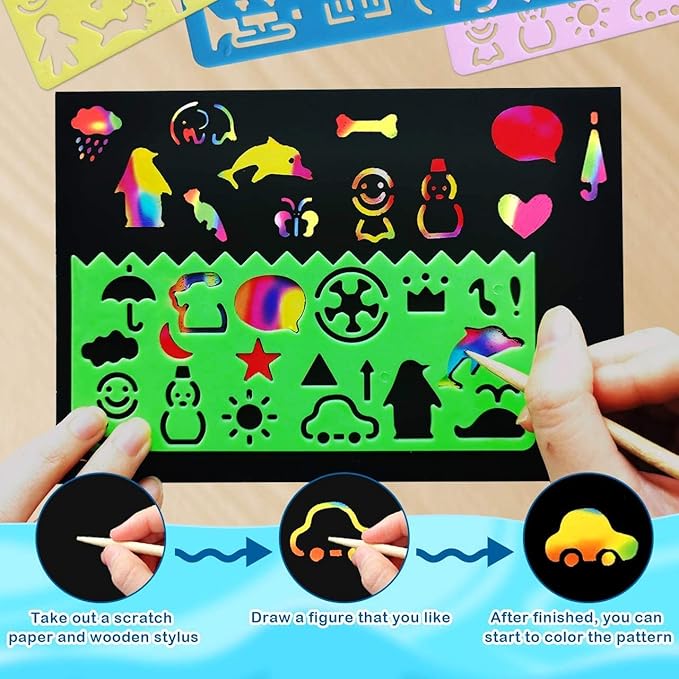 RMJOY Rainbow Scratch Paper Art for Kids: 50PCS Magic Arts Crafts Gifts Toys for Girls Boys Ages 3-12 Games Activities for Birthday Party Family Day Classroom Prizes Easter Basket Stuffers(Boys)
