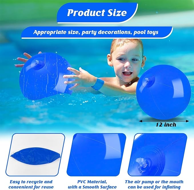 20 Pack Blue Beach Ball - 12Inch Blow Up Beach Ball Party Supplies for Kids, Inflatable Floating Balls for Summer Pool Parties, Outdoor Activities & Birthday Decorations (Blue)