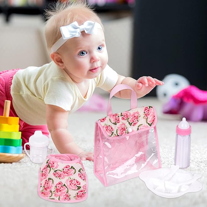 Rakki Dolli Feeding Set Nursery Bag Set for Dolls, Plate Together with Spoon, Fork, Milk Bottle, Juice Cup, Towel &Bib