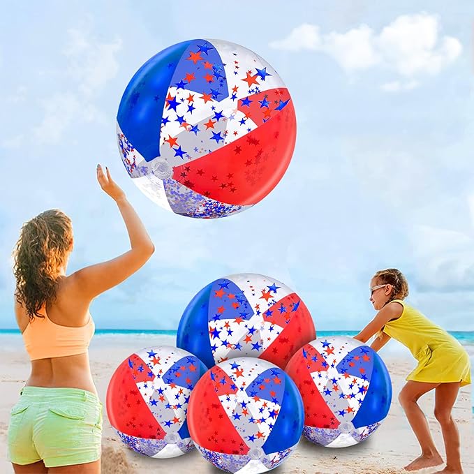5 Pack Patriotic Sequins Beach Ball 24 Inch 16 Inch Pool Toys Balls Giant Red White and Blue Stars Glitters Inflatable Clear Beach Ball Swimming Pool Water Beach Toys Outdoor 4th of July Party Favors