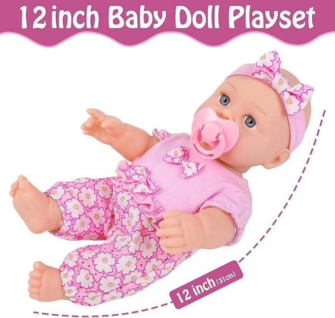 UZIDBTO 12 Inch Baby Dolls with Backpack Carrier Can Store Doll Clothes and Accessories,12" Reborn Baby Doll Set in Gift Box with Feeding Bottle Nipple Diaper for Kids Toddler Age 3+