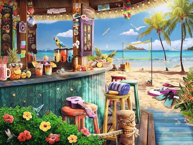 Ravensburger - Beach Bar Breezes - 1500 Piece Jigsaw Puzzle - Vivid, Quaint Imagery of a Beachside Tiki Bar - Colorful Ocean Detail - Ideal Gift - Frameable Art - Screen-Free Fun - Puzzles for Adults