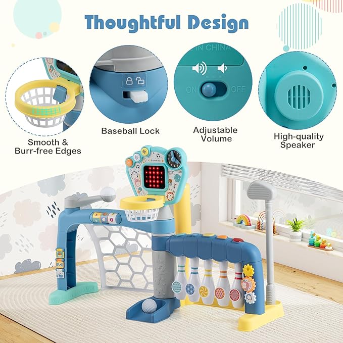 Costzon Toddler Basketball Hoop with Adjustable Height, 5 in 1 Basketball Bowling Baseball Soccer Golf Kids Activity Center, Toddler Sports Toy w/Lights & Sounds, Gift for Baby Boys Girls 18+ Months