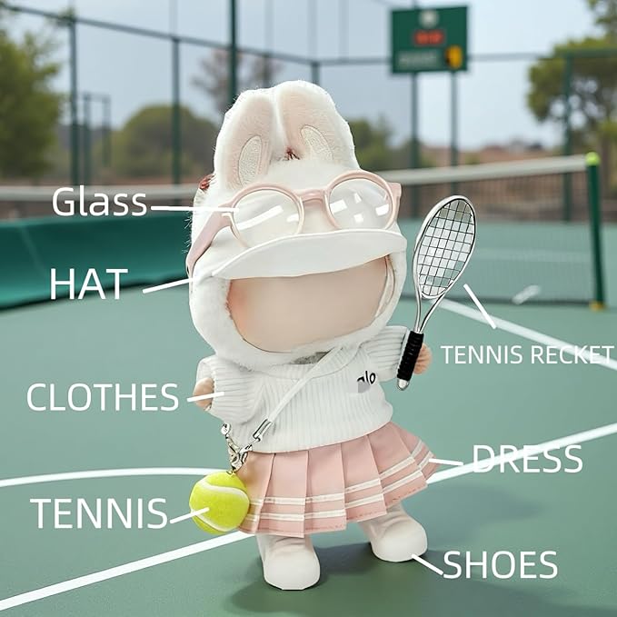 17cm Doll Clothes for Lububu Dolls, 7-Piece Sports Outfits - Top, Pants, Skirt Dress, Golf Hat, Sunglasses, Shoes, Tennis Racket, Ball Charm | Luxury Stylish Gym/Tennis Doll Accessories(White+Pink)