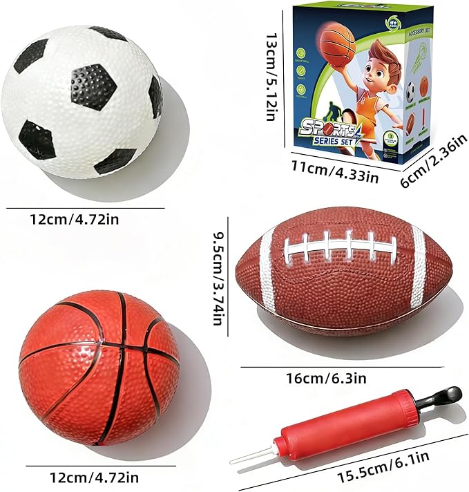 Toddler Balls, Indoor and Outdoor Family Games for Kids, Garden Toys. (Pack of 3) 4.7-Inch Basketball, 4.7-Inch Football, 6.3-Inch American Football(Hand Pump Included). Pet Toys