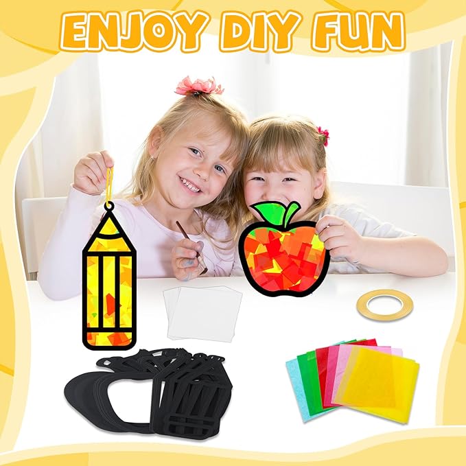 32 Sets Back to School Apple Pencil Suncatchers Craft Kit DIY Window Stained Glass Effect First Day of School Paper Craft Home Classroom Decoration Kid Birthday Gift Creative Art Project Activity Game
