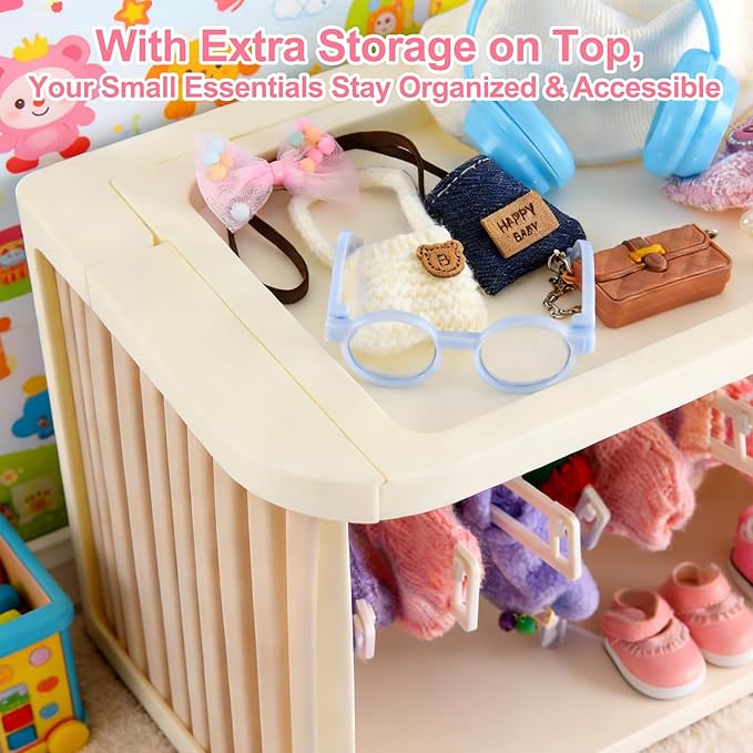 Foldable Doll Wardrobe Closet for Labubu Clothing - Double Sliding Door Stackable Storage Box for 4-7 Inch Doll Clothes, Large Capacity Doll Clothes Organizer with 10 Hangers & Rod (Gray)