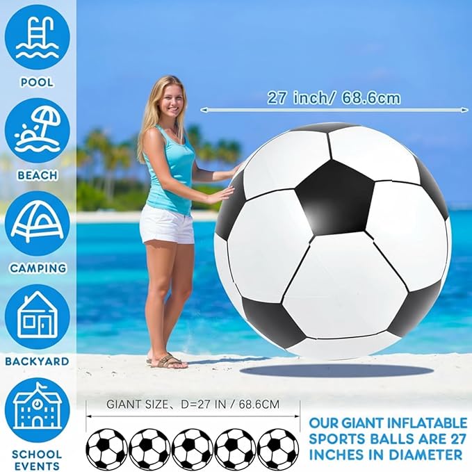 Lewtemi Giant Inflatable Sports Balls Large Inflatable Beach Ball Baseballs Soccer Rainbow Basketball Football for Sport Birthday Party Favor(4 Pcs,Soccer, Baseball, Basketball, Football,27 Inch)