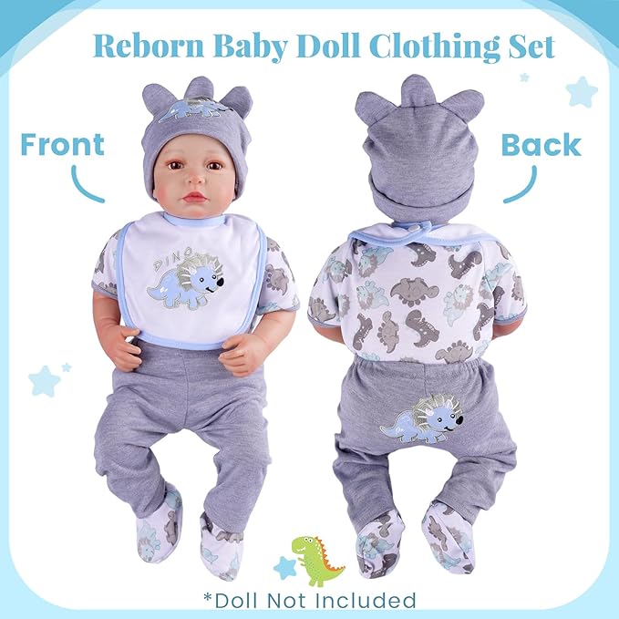 BABESIDE Baby Doll Accessories for 17-22 Inch Dolls – 18 Piecs Dinosaur Reborn Baby Doll Accessories Set with Baby Doll Clothes, Backpack, Feeding Set, Birthday Gift for Boys & Girls