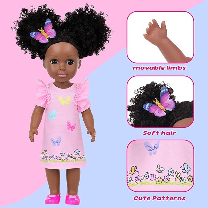 Ecore Fun 14.5 Inch Black Baby Doll with 12 Pcs Butterfly Theme Accessories - Realistic African Doll Black with Hair Clips, Comb, Mirror, Rainbow Dress, Pink T-Shirt, Phone, Stickers, Shoes