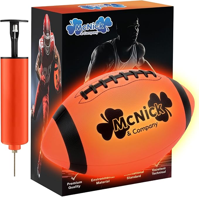 MCNICK & COMPANY Glow in The Dark Football – Ultra Bright LED Light-Up Ball with Pump & Long Battery Life – Fun Gift for Kids, Teens & Adults