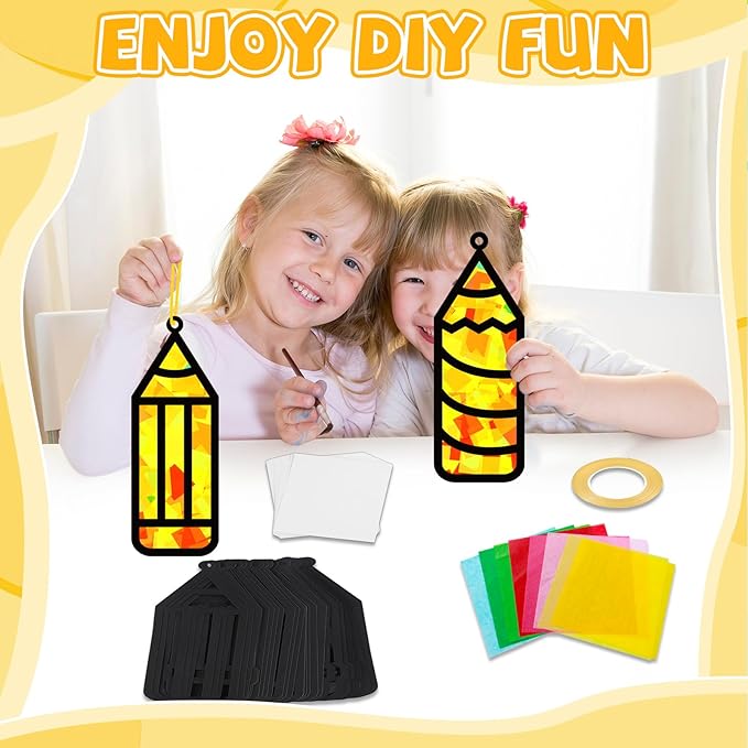 32 Sets Back to School Pencil Suncatchers Craft Kit DIY Window Stained Glass Effect Pencils Paper Crafts for Home School Classroom Decoration Kid Birthday Gifts Creative Art Projects Activity Game