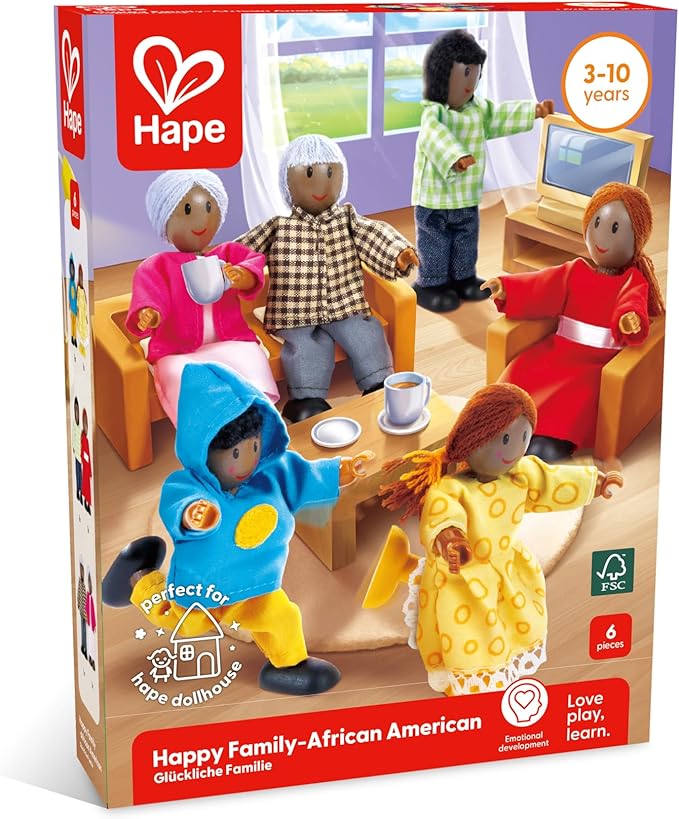 Hape African American Wooden Doll House Family| Dollhouse People Set of 6 Action Figure Set| Wire Adults: 4.3" H; Kids: 3.5" H