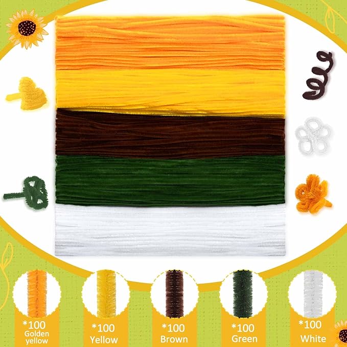 Peryiter 500 Pieces Pipe Cleaners Chenille Stems for Flowers Craft Supplies Bulk Fluffy Fuzzy Sticks for DIY Art Projects Creative Gift Wrapping Party Decorations(Sunflower Color,12 Inch)