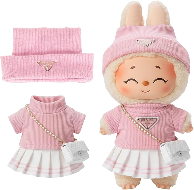 Doll Clothing Set (No Doll), Cute Cropped Straw Hat, Crossbody Bag, Dress, Suitable for 15-17cm Dolls, Outfit Accessory Set for Unique Styling (Pink-Pra)