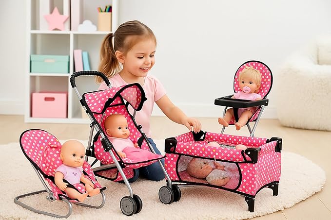 fash n kolor 4 Piece Doll Play Set, Includes - 1 Pack N Play. 2 Doll Stroller 3.Doll High Chair. 4.Infant Seat, Fits Up to 18'' Doll (4 Piece Set)