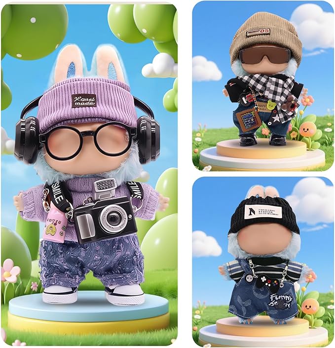 Clothes for Labubu, 23-piece Clothes and Accessories Set Designed for Labubu Doll Clothes, Includes Display Bag, Clothes Rack, Headphones, Camera, Glasses, Shoes, and 6 Mini Accessories - Style A