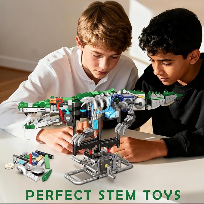 Kinetic Mechanical Crocodile Building Kit - Light-Up Interactive Animal Model with Hand-Crank Moving Jaw, Claws & Tail - STEM Construction Toy for Kids & Adults
