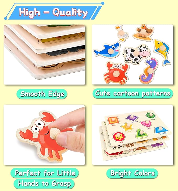 Wooden Peg Puzzles for Toddlers,Montessori Toddler Jigsaw for Child,Fine Motor Skill Learning Puzzle Toys for Baby Boys Girls Gifts-3 Pcs Shape,Farm,Sea Animal
