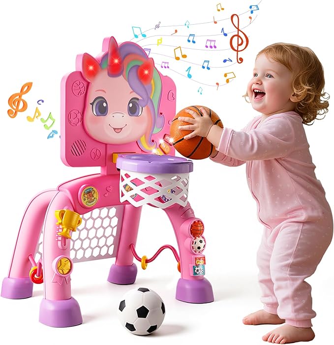 Toddler Basketball Hoop & Soccer Goal Activity Center, Interactive Toys with Light Music,Unicorn Toddlers Musical Toys Gift, Baby Birthday Easter Gifts Gift for 1 2 3 Year Old Boys Girls