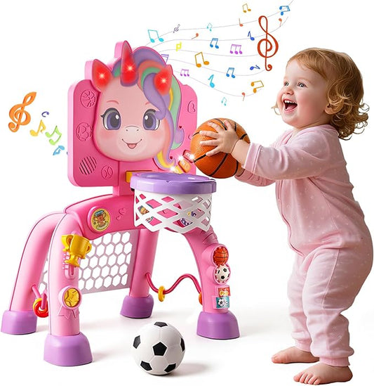Toddler Basketball Hoop & Soccer Goal Activity Center, Interactive Toys with Light Music,Unicorn Toddlers Musical Toys Gift, Baby Birthday Easter Gifts Gift for 1 2 3 Year Old Boys Girls
