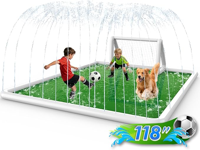 EPN Splash Pad for Kids & Dogs, 118 x138 Extra Large Thicker & Non-Slip Sprinkler Pad, Outdoor Water Toy with Soccer Goal & Ball, Backyard Play Mat Splash Pool for Lawn Garden Summer Fun Age 4-12