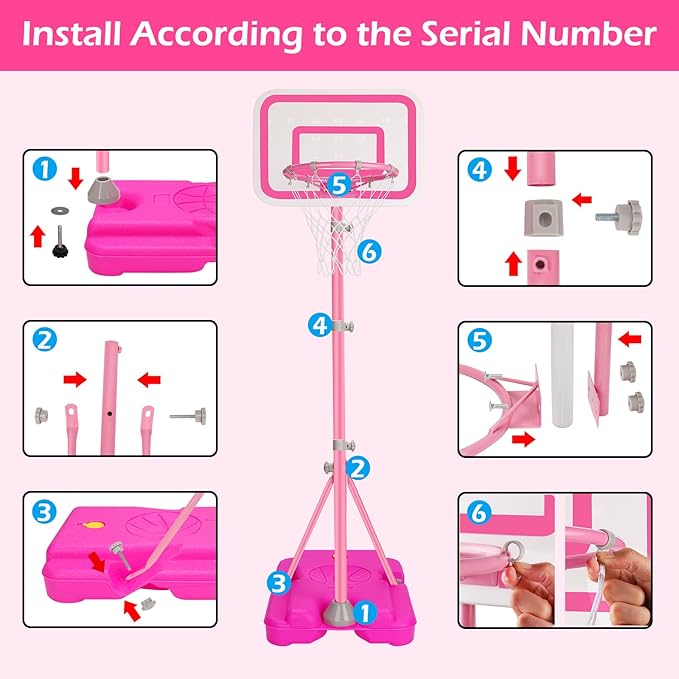 Toddler Basketball Hoop for Girls Pink Basketball Goals Adjustable Height 2.9ft-6.2ft Kids Basketball Hoop Indoor Outdoor Play Outside Backyard Toys for 3 4 5 6 Year Old Girl Birthday Easter Gifts