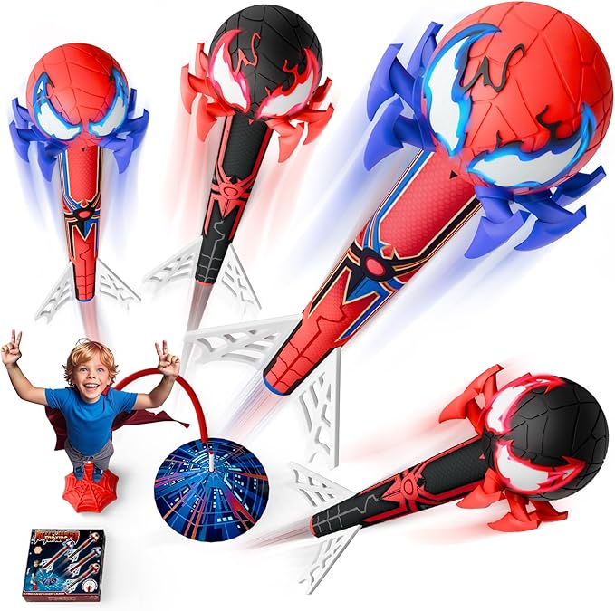 Spider Rocket Launcher for Kids, 4 Rockets with Web Air Pump, Stomping Launch Toys, Outdoor Spider Toys Gifts for 3-10 Year Old Boys & Girls