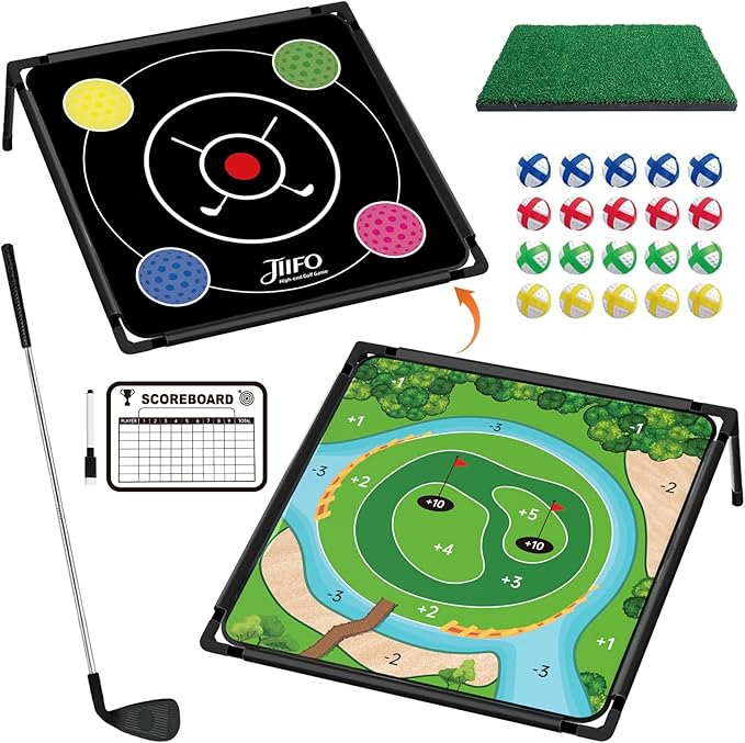 Golf Chipping Game Set Double-Sided,Golf Practice Target Mat with 20 Sticky Balls and Golf Club- Portable Indoor-Outdoor Chipping Golf Gift for Men, Women & Family (1Pack)