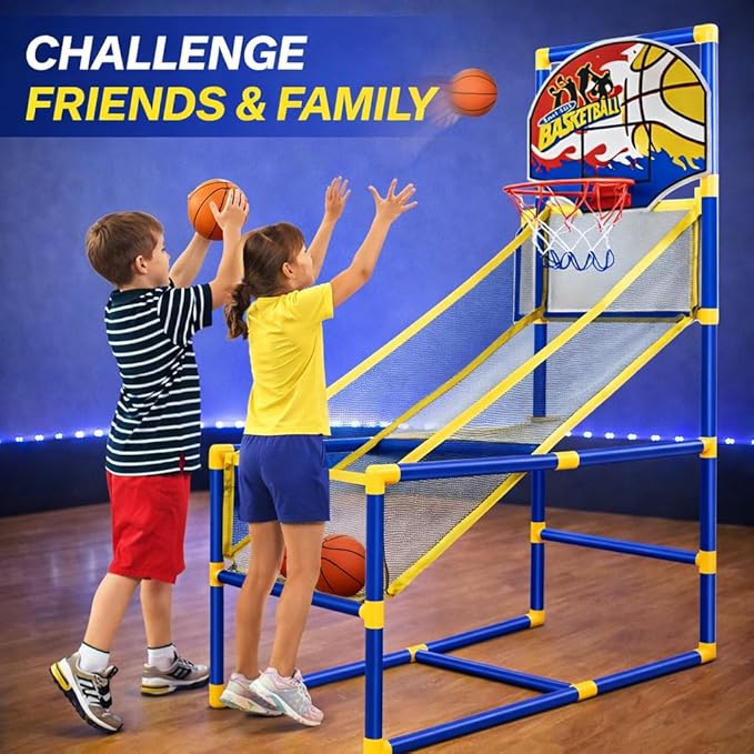 Liberty Imports Kids Arcade Basketball Game Set with Automatic Ball Return, Indoor Mini Basketball Hoop Shooting Game, Includes 2 Inflatable Balls and Pump, Easy Assembly Basketball Toy for Boys