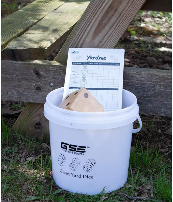 GSE Games & Sports Expert 3.5-Inch Premium Oak Giant Yard Dice Set with Bucket and Yardzee & Farkle Scorecard. Outdoor Backyard Lawn Game for Family