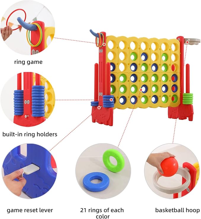 UNICOO Giant 4-in-a-Row Game with Carry Bag, 3-in-1 Jumbo 4-to-Score Outdoor Yard Game with Basketball Hoop, Ring Toss, Quick-Release Slider, 42 Rings, Family Party Game for Kids & Adults