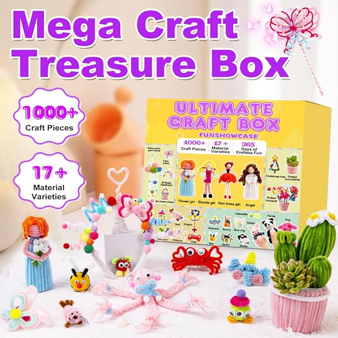 FUNSHOWCASE Craft Box with 1000 Supplies – Pipe Cleaners, Yarn, Pom Poms, Tools