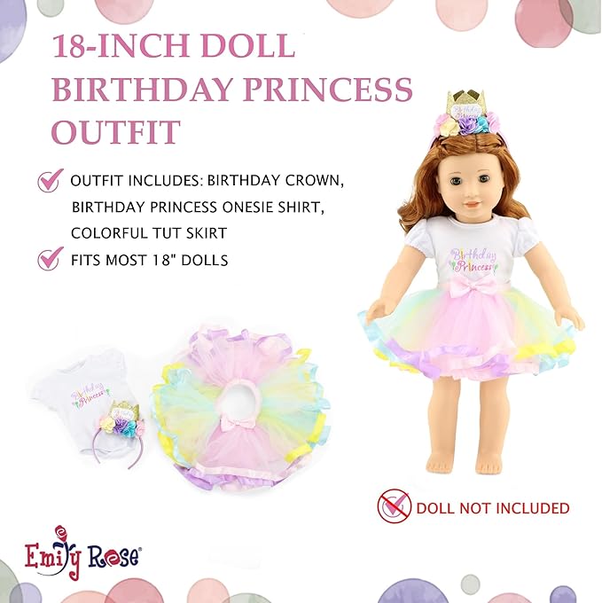Emily Rose 18" Doll Birthday Princess 3PC Outfit with Tutu & Tiara | Clothes Set is Compatible with American Girl Dolls | USA Brand - Gift Boxed | Ages 5+ | NO Doll
