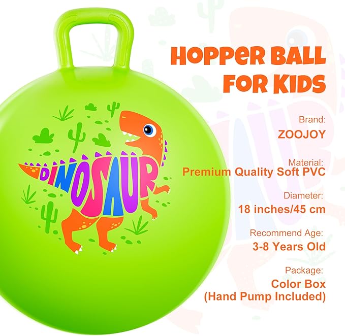 ZOOJOY Hopper Ball for Kids Aged 3-8, 18In Bouncy Balls with Handle, Green Dinosaur Hoppity Hop Ball with Pump, Indoor Outdoor Easter Basket Stuffers Hopping Toys for Boys Girls 3 4 5 6 Gifts
