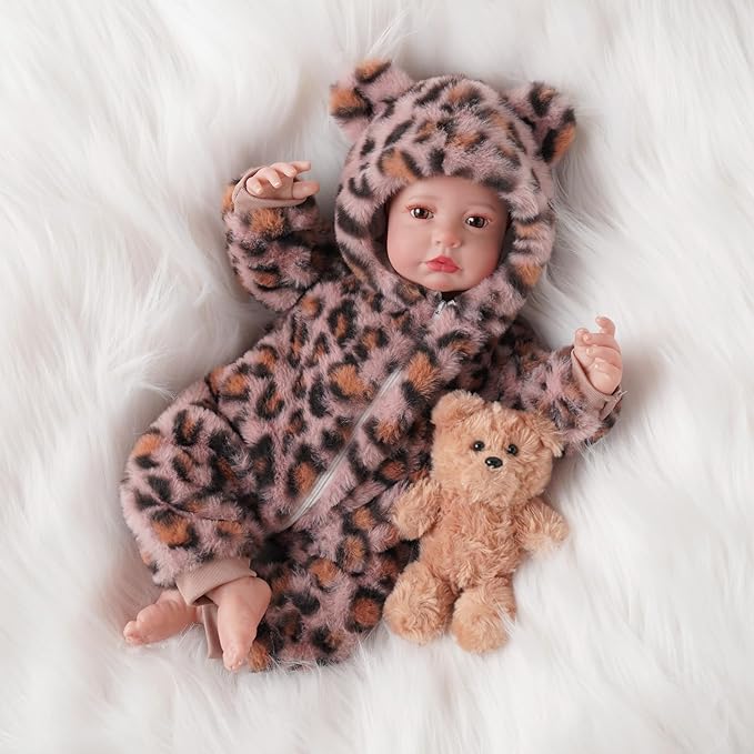 BABESIDE Reborn Baby Doll Clothes Set for 17-22 Inch Dolls, Cozy Babydolls Clothes with Hat for Lifelike Reborn Baby Doll Accessories, Leopard Print