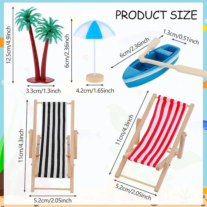 Minatee 25 Pcs Beach Miniature Dollhouse Decoration, Umbrella Palm Chair Miniature Toys Garden Dollhouse Outdoor Accessories Beach Decorations for DIY Garden Plant Pool(Red, Black)