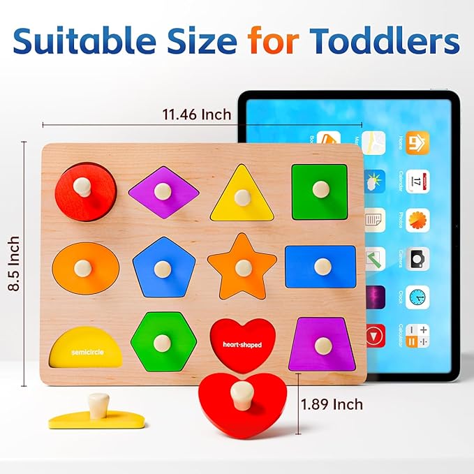 Wooden Shape Peg Puzzles for Toddlers 1 2 3 Year Old Boys Girls Gifts: Shape Sorter & Color Match Baby Puzzles 12-18-24 Months - Montessori Toys for 1 2 3 Year Old Toddler Learning Activities