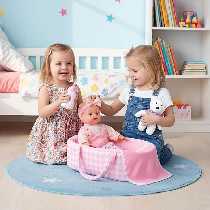 AuntyFey 12" Baby Doll Set, Baby Doll Bassinet with Accessory for Girl Toddlers 1-3 with Bottle, Teddy Bear, Pillow, Blanket