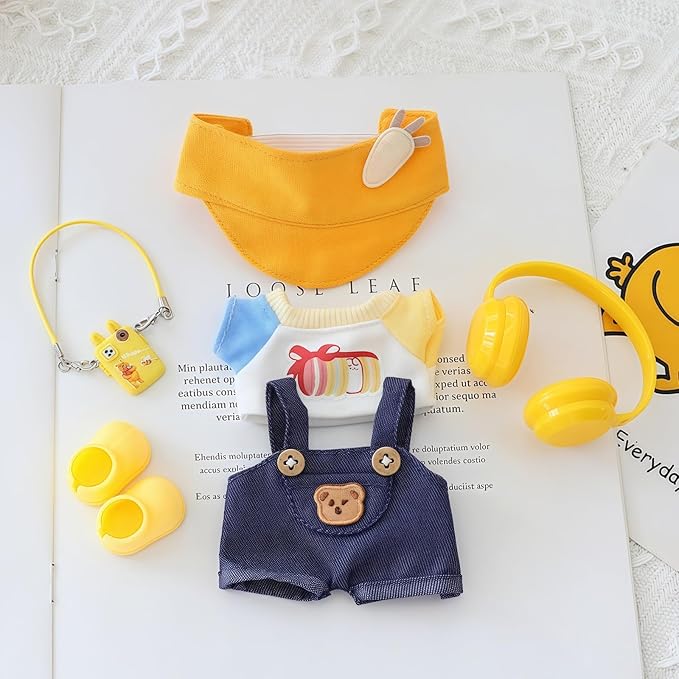 Clothes for Lu bubu 17cm Dolls(No Doll) Accessories, Stylish Kawaii Overalls Outfit Headphones Set 5 Pieces Suitable for 17cm Dolls , Doll Hat Headset Boots Clothing Set Replacement