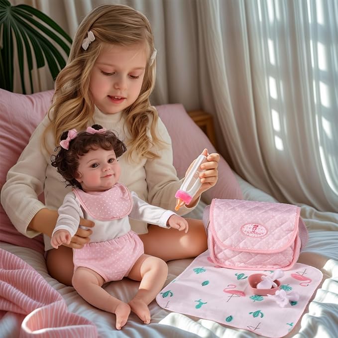 BABESIDE 8 Pcs Baby Doll Diaper Bag Set for 17-22 inch Dolls, Baby Doll Feeding Accessories with Disappearing Milk Toy Bottle and Spoon Fork Bowl for Pretend Play Toys, Pink
