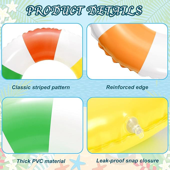 Whaline 4Pcs Inflatable Swimming Float Toy Striped Swim Ring Fun Print Pool Lounger Tube for Summer Swimming Beach Party