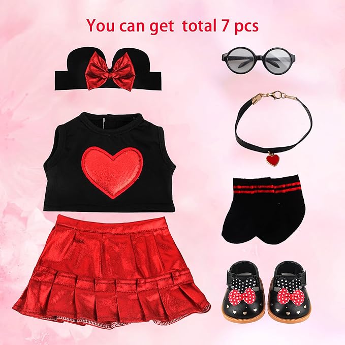 MSYO 18 Inch Doll Clothes & Accessories Set,Black Red Heart Top & Metallic Red Skirt Outfit with Mouse Ears Headband,Sunglasses,Socks,Shoes,Choker,Fits 16-18 Inch Baby Dolls(Red)