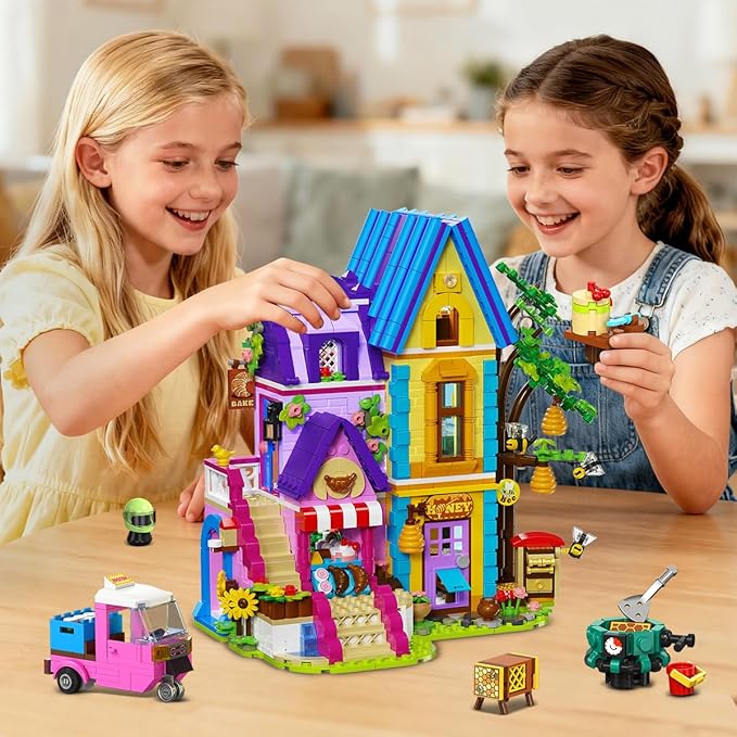 HOGOKIDS Beekeeping & Bakery House Building Toy with LED Light - 1084PCS Friends Girls Baking Building Set with Honey Workshop, Pretend Play Birthday for Kid Girls Boys Ages 8-12+ Years